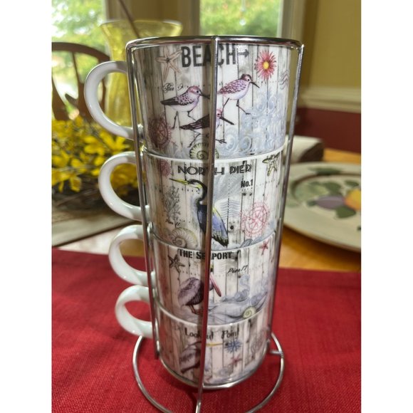 VINTAGE Pier 1 Imports Stackable Porcelain  4 Coffee Cup Teacup Beach  Coastal - Picture 1 of 11